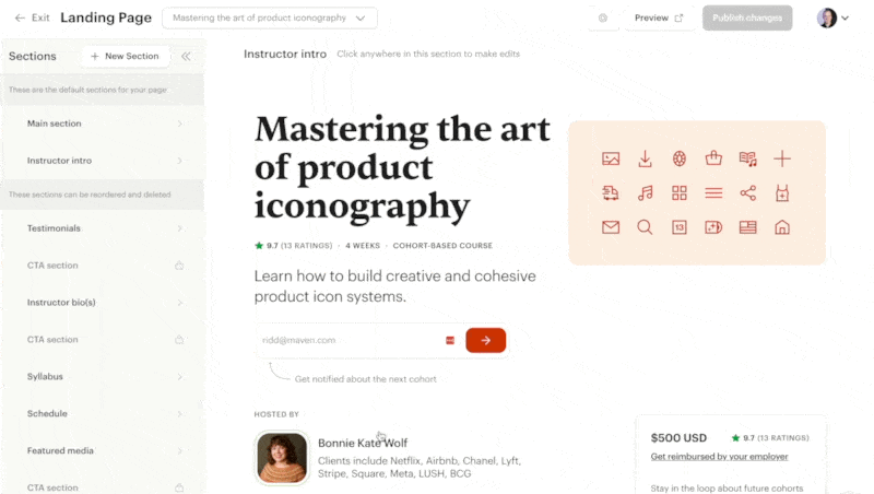 Gif of the Maven course landing page editor